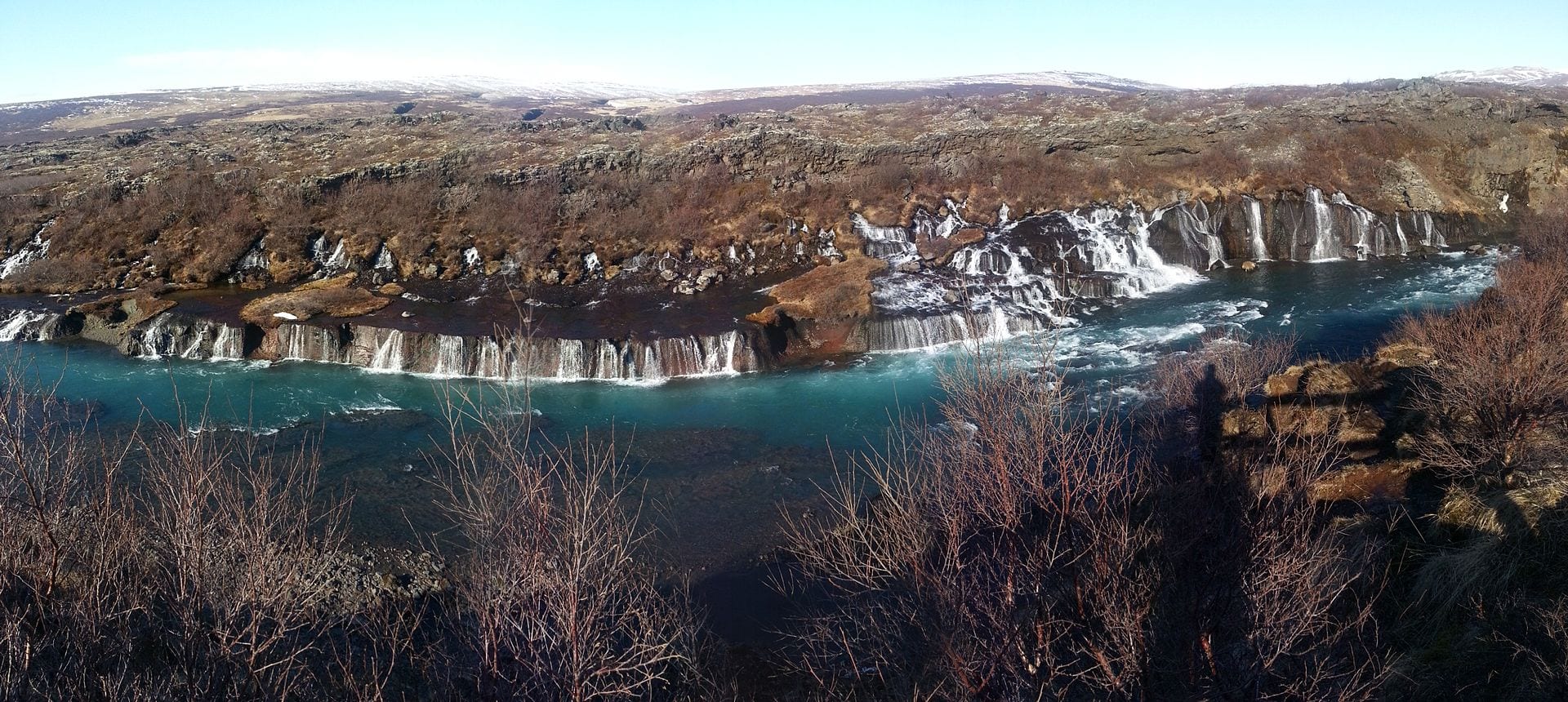 Panorama picture of Barnafoss waterfall in Hvítá river, South-Iceland.